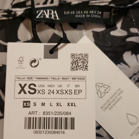 Zara Black & White Mini Floral Long Sleeve Sheen Ruffle V-Neck Dress Size XS NWT - Picture 3 of 5